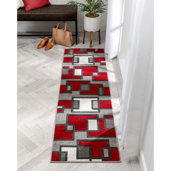 Ruby Imagination Squares Red 2 ft. x 7 ft. Modern Geometric Runner Rug