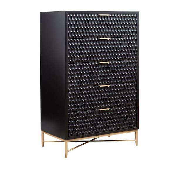 Benjara Black and Gold 5-Drawer Tall Dresser Chest with Honeycomb Panels