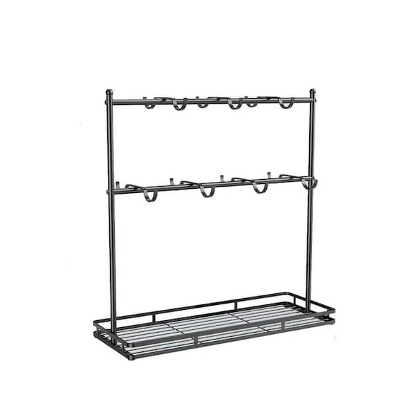 14-Hook Black Metal 2-Tier Countertop Mug Tree with Storage Shelf Space-Saving Coffee Mug Holder Stand