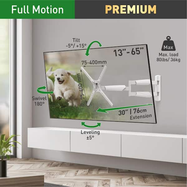 Barkan 13 in. to 65 in. Full Motion - 4 Movement Extra Long Flat/Curved TV Wall Mount in White Extremely Extendable