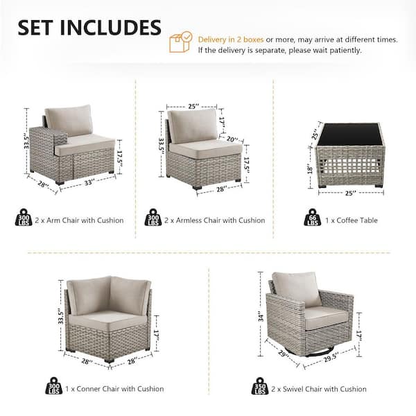8-Piece Taupe Wicker Patio Conversation Set with Beige Olefin Cushions and Lantern-Like Light Box/Patio Swivel Chairs