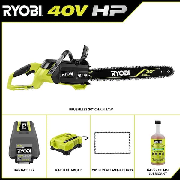 40V HP Brushless 20" Battery Chainsaw w/ Replacement Chain, 24 oz. Biodegradable Chain Oil, 8.0 Ah Battery, & Charger