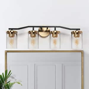 28 in. 4-Light Brass Gold Bathroom Vanity Light, Modern Black Bath Lighting, Clear Glass Farmhouse Wall Sconce
