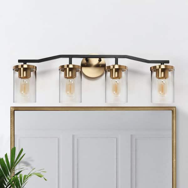 Zevni 28 in. 4-Light Brass Gold Bathroom Vanity Light, Modern Black Bath Lighting, Clear Glass Farmhouse Wall Sconce