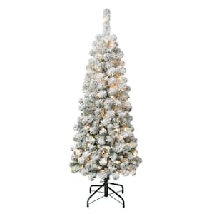 First Traditions 4.5 ft. Acacia Pencil Slim Flocked Artificial Christmas Tree with Clear Lights
