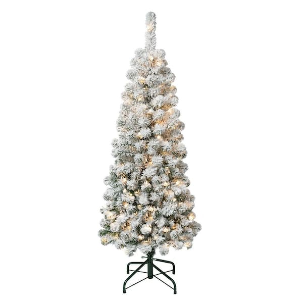 National Tree Company First Traditions 4.5 ft. Acacia Pencil Slim Flocked Artificial Christmas Tree with Clear Lights