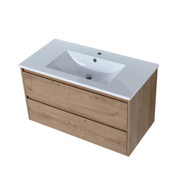 LORDEAR 35.91 in. W x 18.31 in. D x 20.47 in. H Bath Vanity in Imitative Oak with White Resin Top