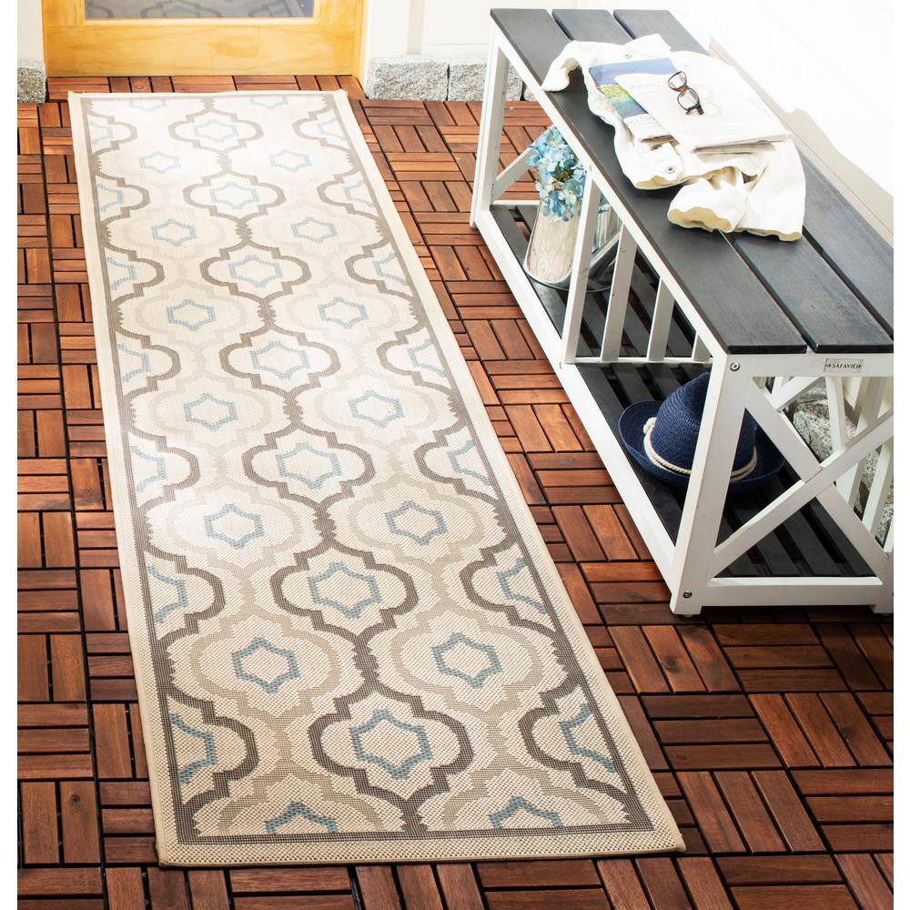 Beige and Aqua Geometric Pattern Outdoor Runner Rug