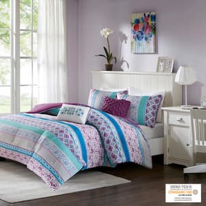 Cozy Comforter Set Casual Boho Pieced Design, Season Bedding Set with Matching Sham, Twin/Twin XL Purple 5 Piece