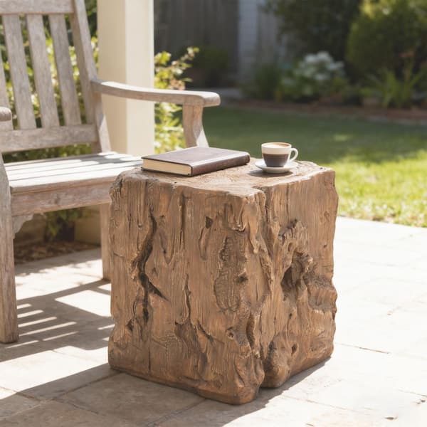 Amira Patio Magnesium Oxide (MGO) Square Stump Shape Indoor and Outdoor Side Table, Brown