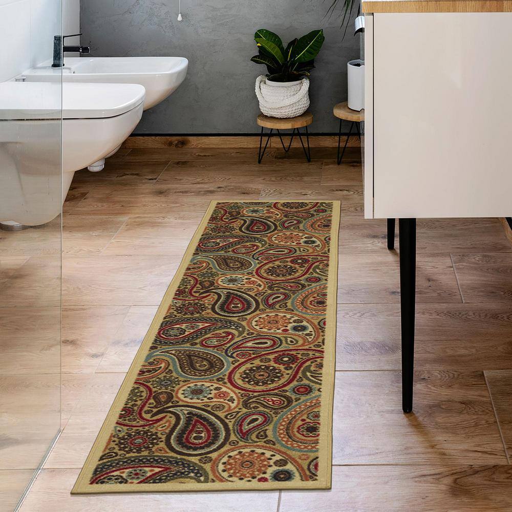Beige and Red Synthetic Paisley Non-Slip Runner Rug