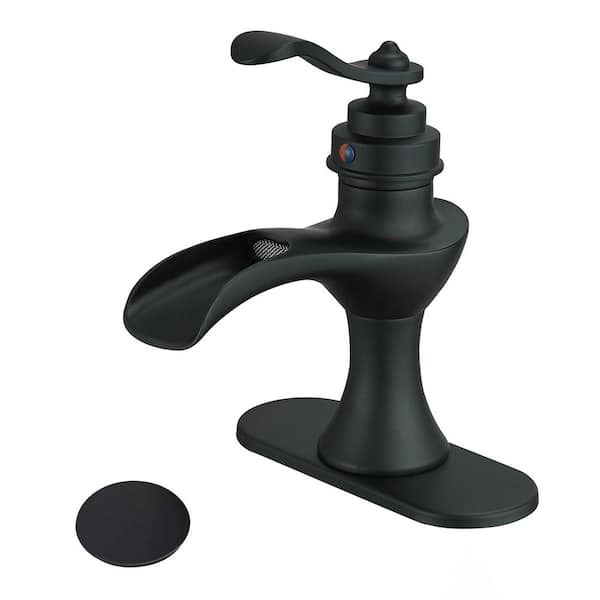 PERLIRIA INC Waterfall Single Hole Single-Handle Bathroom Sink Faucet with Pop-up Drain Assembly and Escutcheon in Matte Black