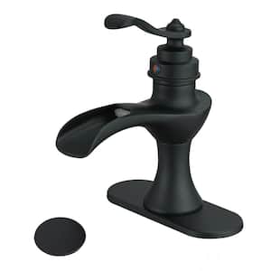 Waterfall Single Hole Single-Handle Bathroom Sink Faucet with Pop-up Drain Assembly and Escutcheon in Matte Black