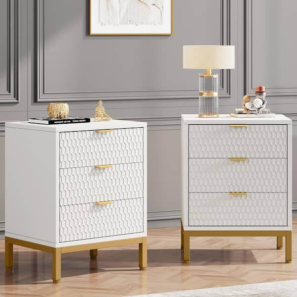 19.7 in. W Fenley White 3-Drawer Nightstand, Bedside Tables (Set of 2)