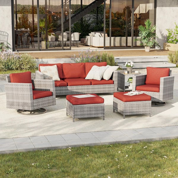 6-Piece Patio Conversation Set Gray Wicker with Swivel Rocking Chair and Side Table, Rust Red