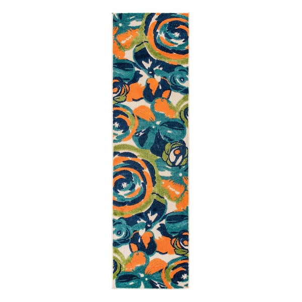 Modern Multi 2 ft. x 7 ft. Large Floral Flowers Indoor/Outdoor Runner Rug