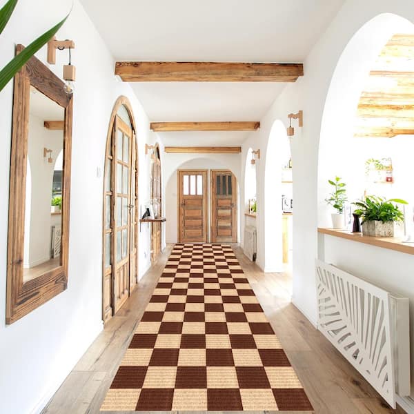 Heavy Duty Indoor/Outdoor Brown and Creme 31 in. W x 16 ft. L Checkered Runner Rug