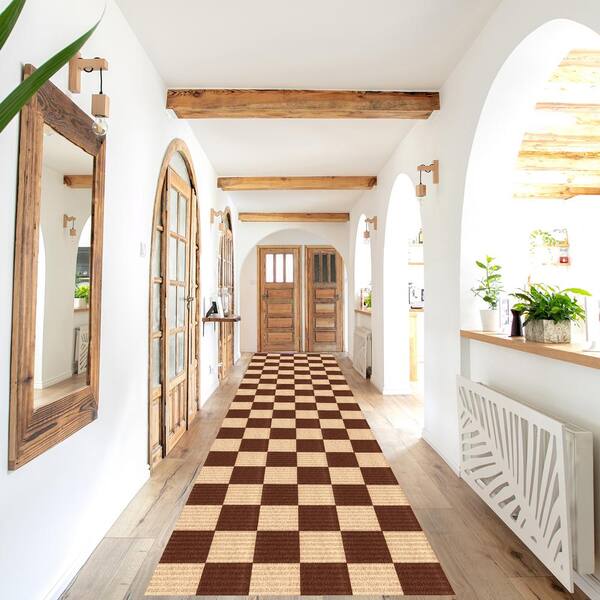 Heavy Duty Brown and Creme 36 in. W x 19 ft. Indoor/Outdoor Checkered Runner Rug