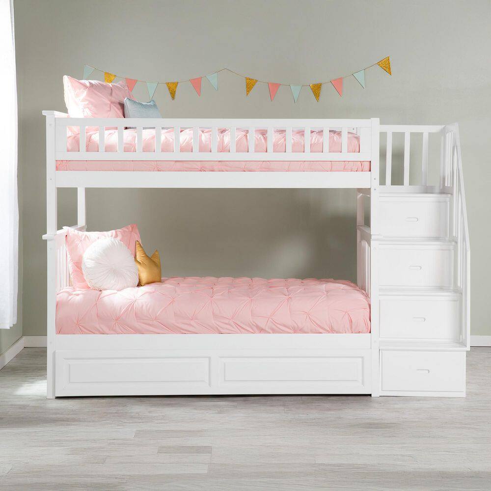 White Twin Over Twin Wood Bunk Bed with Trundle and Storage