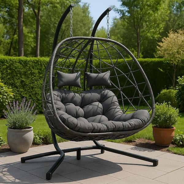 Outdoor Wicker Hanging Egg Chair Patio Swing Basket Chair with Removeable Gray Cusion and Stand for Balcony