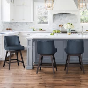 Hampton 26 in. Solid Wood Navy Blue Swivel Bar Stools with Back Faux Leather Upholstered Counter Bar stool Set of 3
