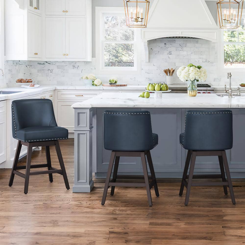 OrangeOne Hampton 26 in. Solid Wood Navy Blue Swivel Bar Stools with Back Faux Leather Upholstered Counter Bar stool Set of 3 ZOI NABL 3 The Home