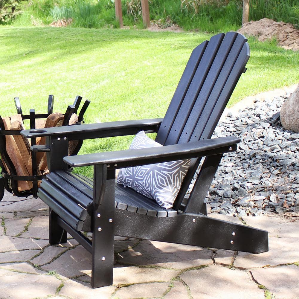 Black HDPE Outdoor Adirondack Chair with Cup Holder