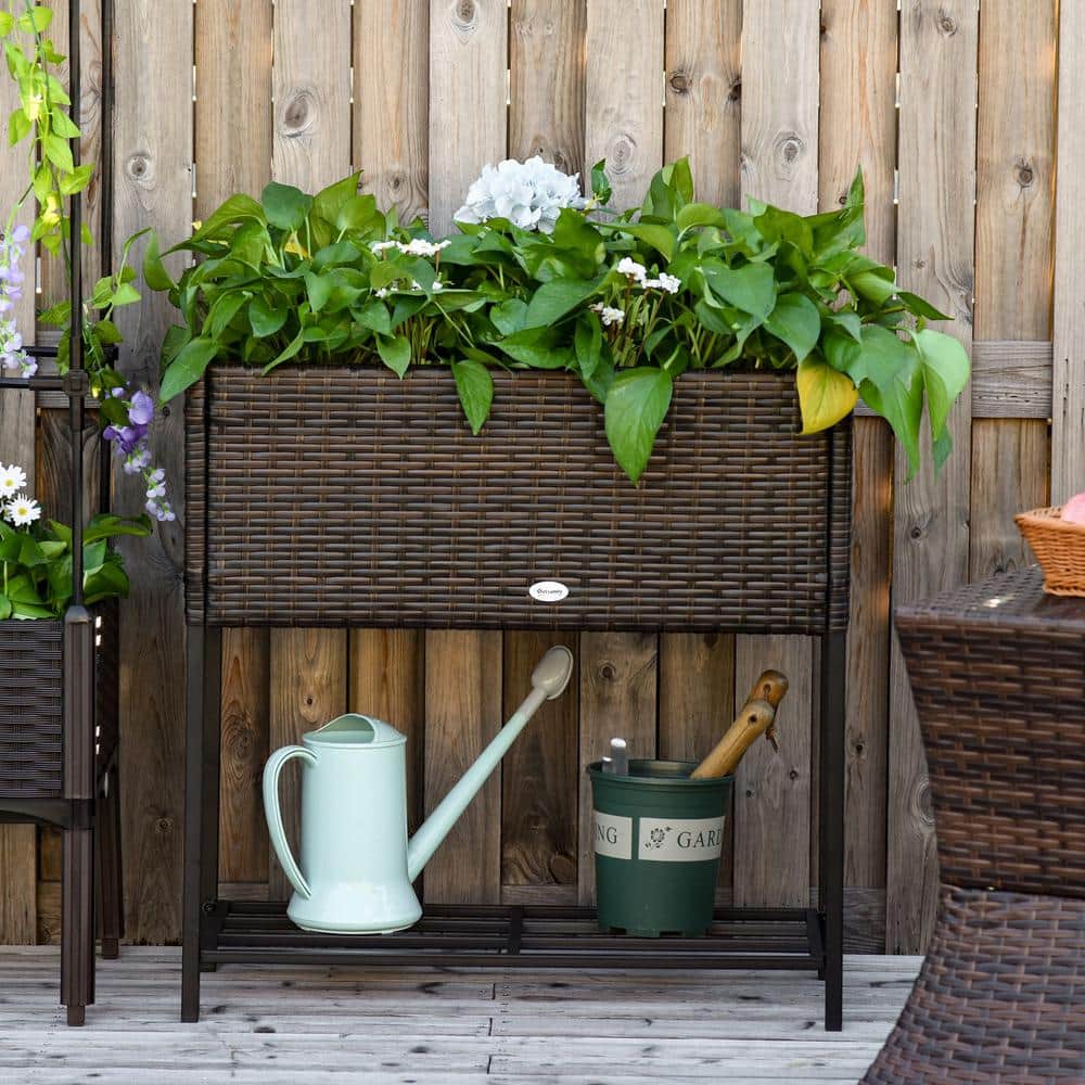 Brown Elevated Rattan Wicker Outdoor Flower Stand with Tool Storage