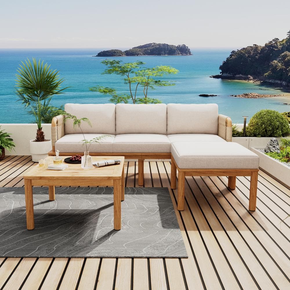 3-piece Acacia Wood and Rope Outdoor Patio Sofa Set with Water-Resistant Beige Cushions