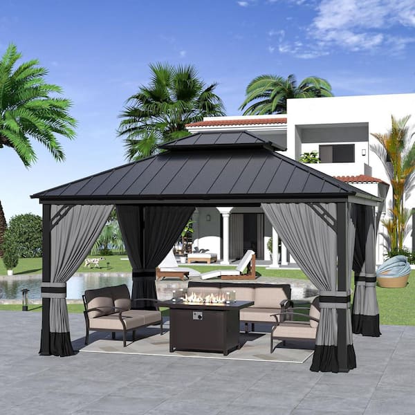 12 ft. x 14 ft. Gray Metal Hardtop Gazebo with Double Roof Pergola, Netting and Curtain Gray