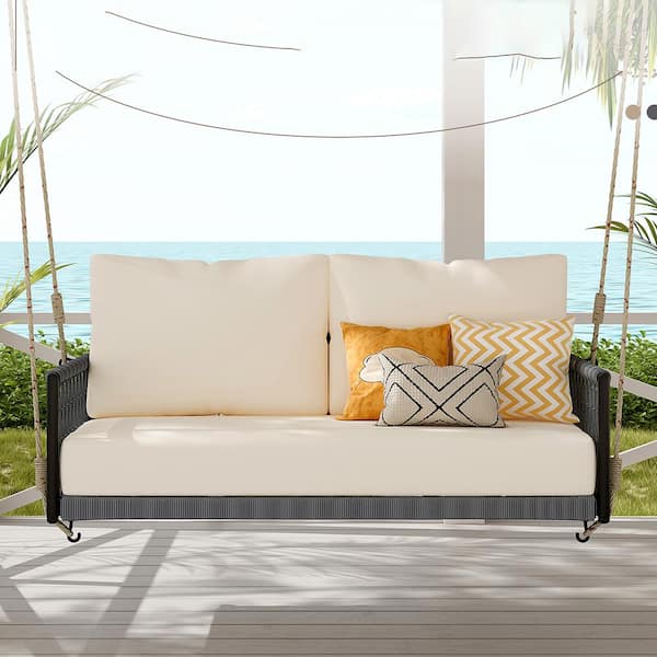ToolCat 51.6 in. 2-Person Woven Rope Outdoor Swing Sofa with Beige Cushions for Patio, Courtyard and Balcony