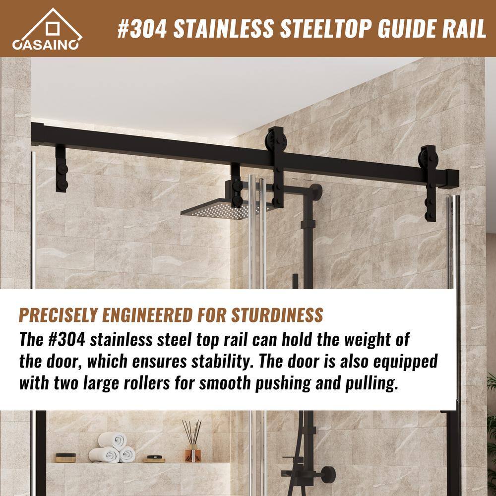 60" x 76" Frameless Black Sliding Shower Door with Tempered Glass