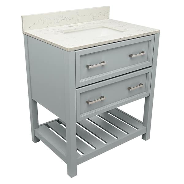 Amluxx Milan 31 in. W x 22 in. D Bath Vanity in Grey with Quartz Stone Vanity Top in Lyra White with White Basin