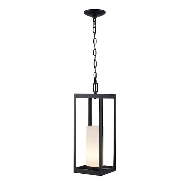 Racine 19.5 in. 1-Light Black Hanging Outdoor Hanging Light Pendant Light with White Opal Glass