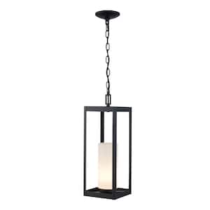 Racine 19.5 in. 1-Light Black Hanging Outdoor Pendant Light Fixture with White Opal Glass