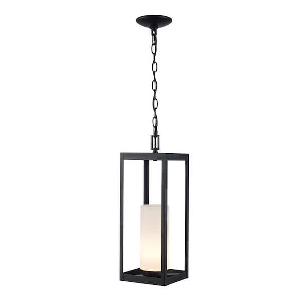 Home Decorators Collection Racine 19.5 in. 1-Light Black Hanging Outdoor Pendant Light Fixture with White Opal Glass