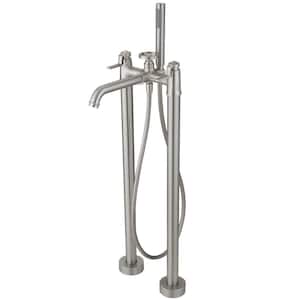 3-Handle Freestanding Floor Mount Roman Industrial Style Tub Faucet Bathtub Filler With Hand Shower In Brushed Nickel