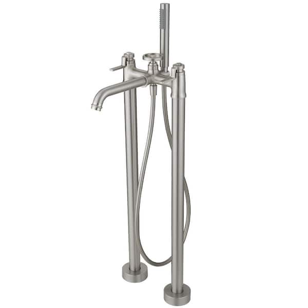 BWE 3-Handle Freestanding Floor Mount Roman Industrial Style Tub Faucet Bathtub Filler With Hand Shower In Brushed Nickel