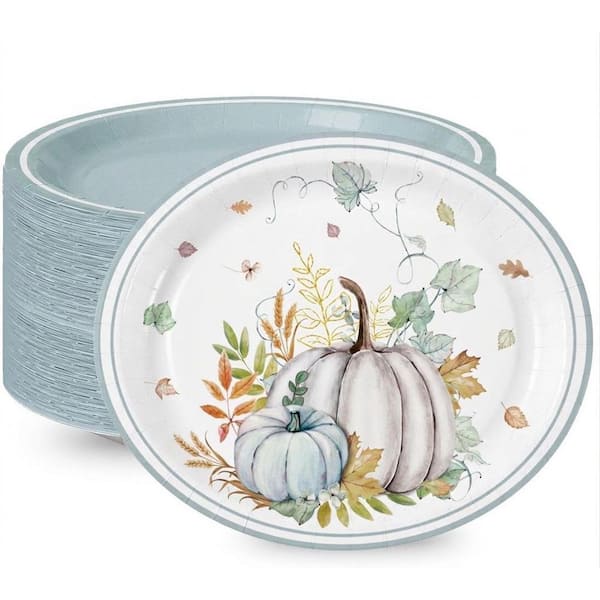 Large Fall Paper Plates 9 x 11 in with Autumn Pumpkin and Maple Leaf Design, 25-Pack Disposable Harvest