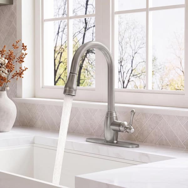 Single Handle 16.6 in. H Pull Down Sprayer Kitchen Faucet with 2-Function 360° Swivel Spout in Brushed Nickel