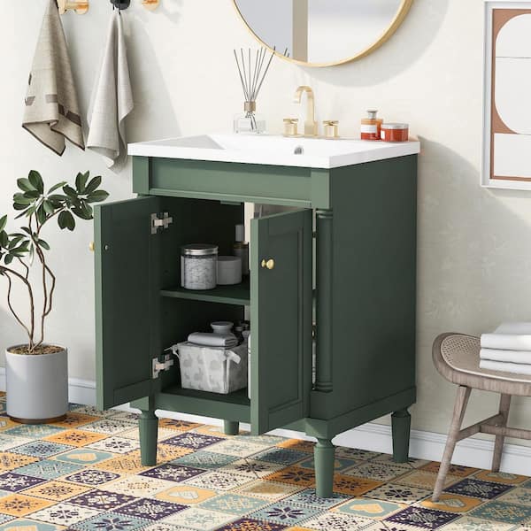 24 in. W Single Sink Green Bath Vanity with White Resin Top and Adjustable Shelves 2-tier Bathroom Cabinet Unassemble