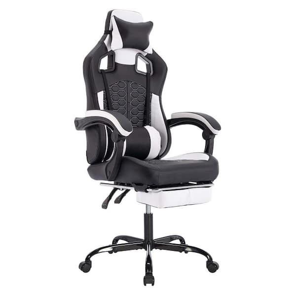 Unbranded Leather High Back Ergonomic Gaming Chair Reclining Office Desk Chair Gamer Chair with Headrest&Footrest in Black&White