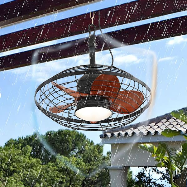 20 in. Outdoor Black and Brown Waterproof Caged Ceiling Fan Rope Hook Portable Hanging Ceiling Fan with Light and Remote