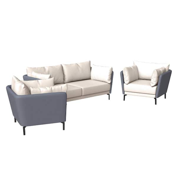 3-Piece Sofa Set Upholstered in PU Leather with Solid Wood Frame Metal Legs Removable Cushions Luxify Series in Grey