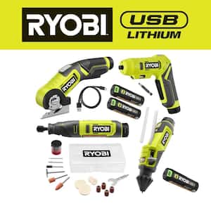 USB Lithium 4-Tool Combo Kit w/ Screwdriver, Glue Pen, Rotary Tool, Power Cutter, Batteries, Charger, & 3.0 Ah Battery