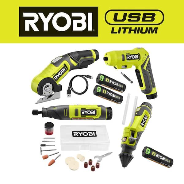 RYOBI USB Lithium 4-Tool Combo Kit w/ Screwdriver, Glue Pen, Rotary Tool, Power Cutter, Batteries, Charger, & 3.0 Ah Battery