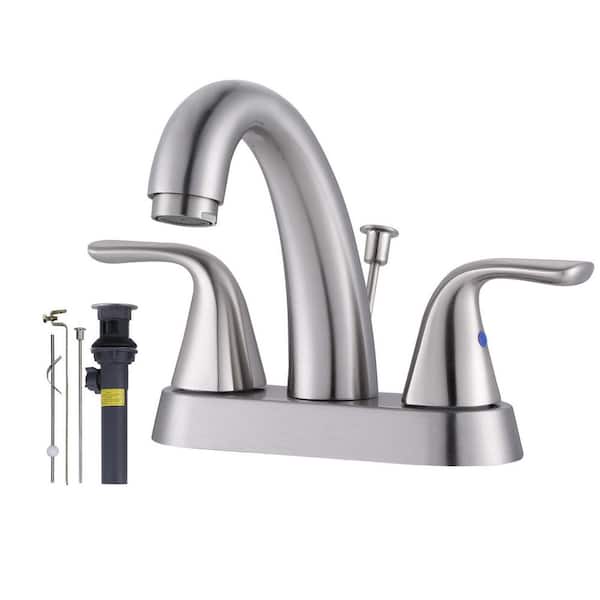 WOWOW 4 in. Centerset Double Handle Mid Arc Bathroom Faucet with Drain Kit Included in Brushed Nickel