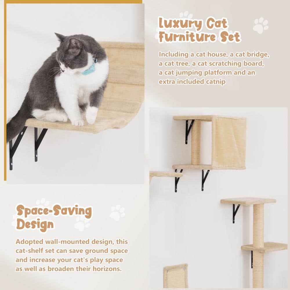 Beige Wall Mounted Cat Tree Set with Sisal Posts