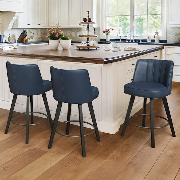 LUE BONA Paul 26 in. Blue Modern Faux Leather 360° Swivel High Back Barstool Solid Wood Counter Height stool (Set of 3)