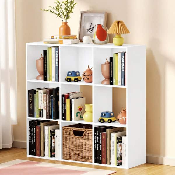 Chic 36 in. Tall White Wood 9-Cube Storage Organizer Square Standard Bookcase with 3 Removable Back Panels